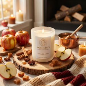 KQScents Caramel Apple candle on a wooden slice surrounded by fresh apples, cinnamon sticks, and caramel pieces, with warm lighting and a cozy atmosphere.