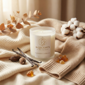 4oz KQScents Cashmere Embrace candle surrounded by cozy textures, featuring natural elements like vanilla pods, cotton, and amber crystals, evoking warmth and sophistication for an inviting ambiance.
