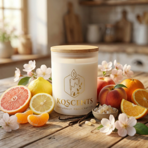 KQScents scented candle surrounded by fresh fruits like lemons, oranges, and peaches, with floral accents, on a rustic wooden table.