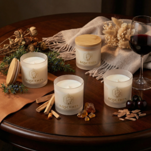 KQScents candle bundles on a wooden table with decorative elements, featuring four scented candles in glass jars, one with a wooden lid, surrounded by natural accents and a glass of red wine.
