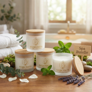 KQScents Spa Bundle featuring four scented candles with wooden lids, surrounded by greenery, lavender, and towels, set in a serene environment.