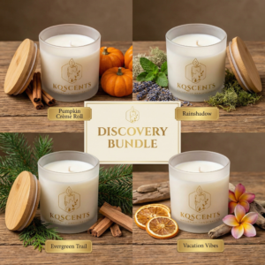 4 candle bundle that includes 4oz candles sitting on a table with scent elements